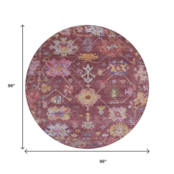 HomeRoots 8' Burgundy Pink and Blue Round Floral Area Rug - Durable, Washable, Perfect for Indoor/Outdoor Use! 639649
