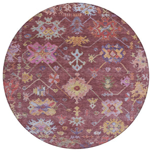 HomeRoots 8' Burgundy Pink and Blue Round Floral Area Rug - Durable, Washable, Perfect for Indoor/Outdoor Use! 639649