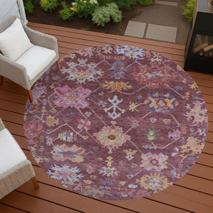 HomeRoots 8' Burgundy Pink and Blue Round Floral Area Rug - Durable, Washable, Perfect for Indoor/Outdoor Use! 639649