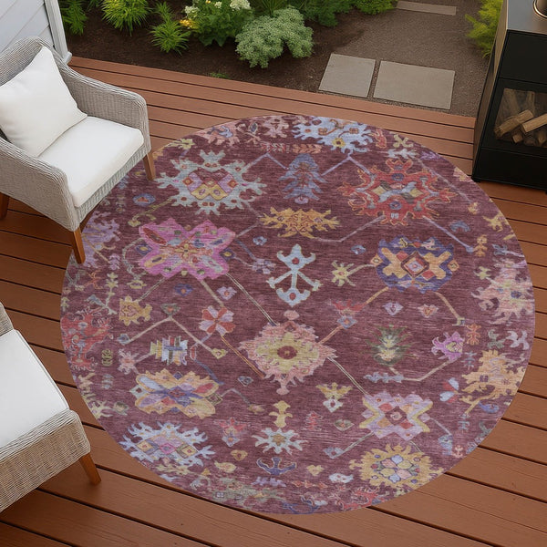HomeRoots 8' Burgundy Pink and Blue Round Floral Area Rug - Durable, Washable, Perfect for Indoor/Outdoor Use! 639649