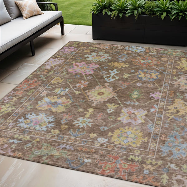 HomeRoots 5' Washable Floral Area Rug in Brown, Pink & Blue - Durable Indoor/Outdoor Mat for High-Traffic Areas 639654