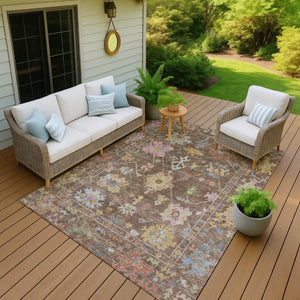 HomeRoots 5' Washable Floral Area Rug in Brown, Pink & Blue - Durable Indoor/Outdoor Mat for High-Traffic Areas 639654