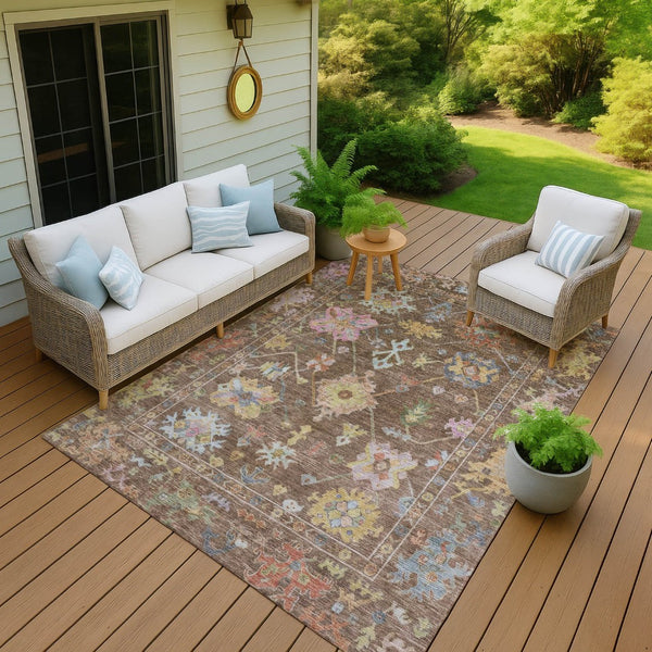 HomeRoots 5' Washable Floral Area Rug in Brown, Pink & Blue - Durable Indoor/Outdoor Mat for High-Traffic Areas 639654