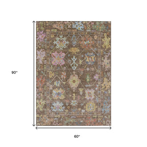 HomeRoots 5' Washable Floral Area Rug in Brown, Pink & Blue - Durable Indoor/Outdoor Mat for High-Traffic Areas 639654