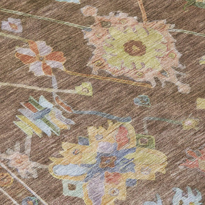 HomeRoots 5' Washable Floral Area Rug in Brown, Pink & Blue - Durable Indoor/Outdoor Mat for High-Traffic Areas 639654