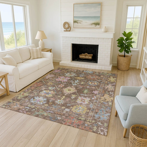 HomeRoots 5' Washable Floral Area Rug in Brown, Pink & Blue - Durable Indoor/Outdoor Mat for High-Traffic Areas 639654