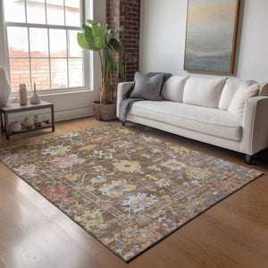 HomeRoots 5' Washable Floral Area Rug in Brown, Pink & Blue - Durable Indoor/Outdoor Mat for High-Traffic Areas 639654