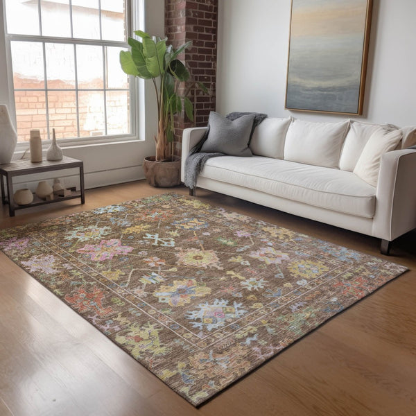 HomeRoots 5' Washable Floral Area Rug in Brown, Pink & Blue - Durable Indoor/Outdoor Mat for High-Traffic Areas 639654