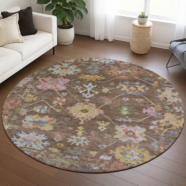 HomeRoots 8' Durable Floral Area Rug in Brown, Pink & Blue - Washable Indoor/Outdoor, Perfect for High Traffic Spaces 639655
