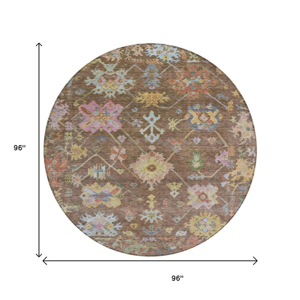 HomeRoots 8' Durable Floral Area Rug in Brown, Pink & Blue - Washable Indoor/Outdoor, Perfect for High Traffic Spaces 639655