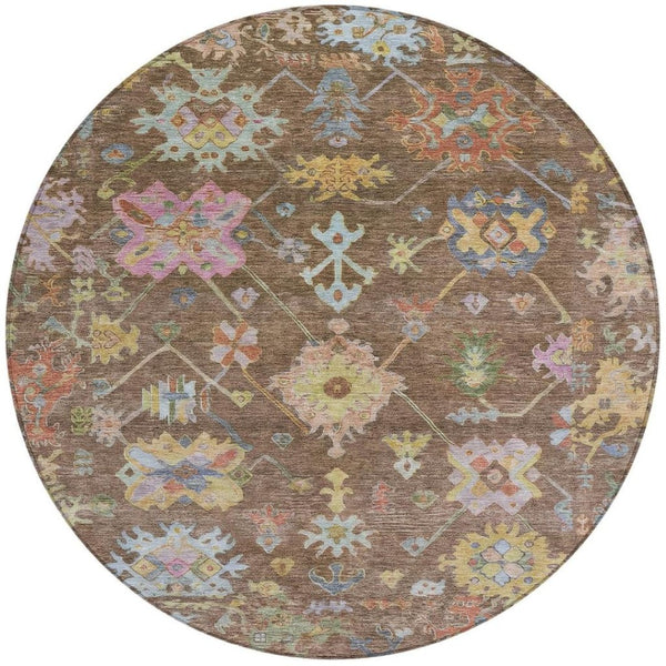HomeRoots 8' Durable Floral Area Rug in Brown, Pink & Blue - Washable Indoor/Outdoor, Perfect for High Traffic Spaces 639655