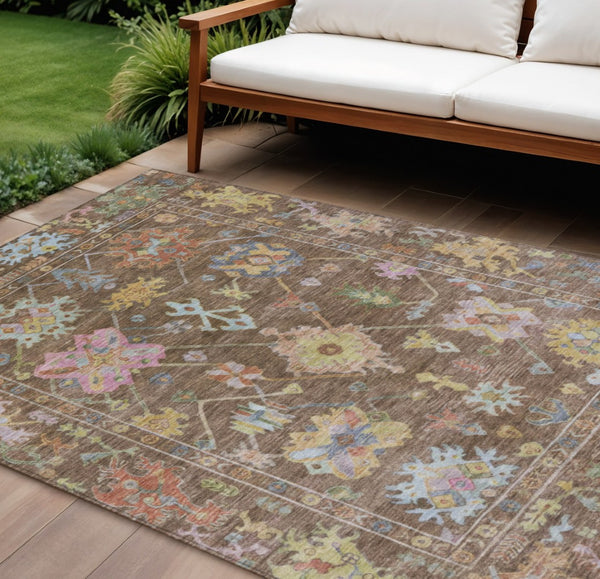 HomeRoots 9' Durable Floral Area Rug - Washable Indoor/Outdoor Design in Brown, Pink & Blue for Any Space! 639657