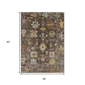HomeRoots 5' X 8' Floral Washable Area Rug in Chocolate, Gold & Ivory - Durable for Indoor & Outdoor Use 639660