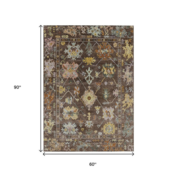 HomeRoots 5' X 8' Floral Washable Area Rug in Chocolate, Gold & Ivory - Durable for Indoor & Outdoor Use 639660