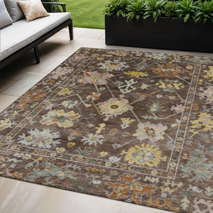 HomeRoots 5' X 8' Floral Washable Area Rug in Chocolate, Gold & Ivory - Durable for Indoor & Outdoor Use 639660