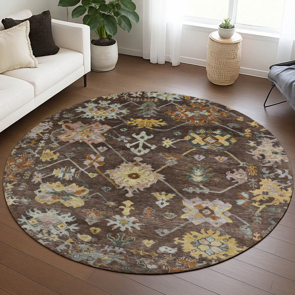HomeRoots 8' Elegant Floral Rug in Rich Chocolate, Gold & Ivory – Durable, Washable for Indoor/Outdoor Use 639661