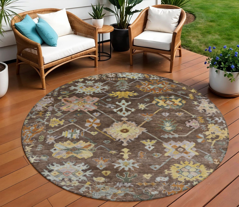 HomeRoots 8' Elegant Floral Rug in Rich Chocolate, Gold & Ivory – Durable, Washable for Indoor/Outdoor Use 639661
