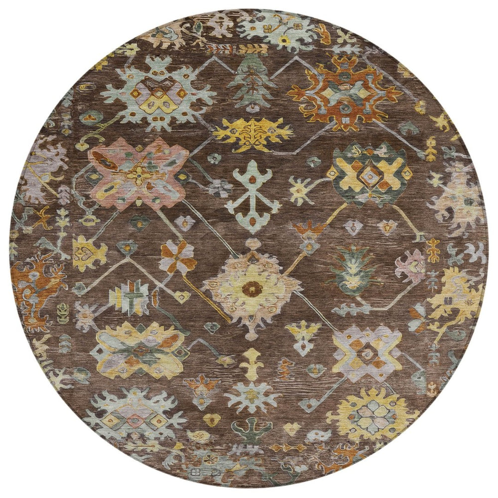 HomeRoots 8' Elegant Floral Rug in Rich Chocolate, Gold & Ivory – Durable, Washable for Indoor/Outdoor Use 639661