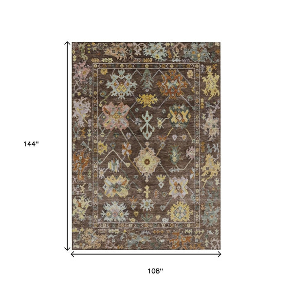 HomeRoots 9' X 12' Floral Chocolate Gold Ivory Area Rug - Durable, Washable, Versatile for Indoor & Outdoor Use 639663