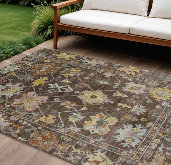 HomeRoots 9' X 12' Floral Chocolate Gold Ivory Area Rug - Durable, Washable, Versatile for Indoor & Outdoor Use 639663