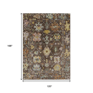 HomeRoots 10' Elegant Chocolate Gold Ivory Floral Washable Area Rug for Indoor Outdoor High-Traffic Spaces 639664