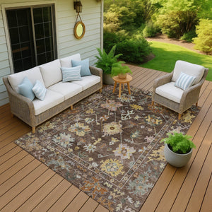 HomeRoots 10' Elegant Chocolate Gold Ivory Floral Washable Area Rug for Indoor Outdoor High-Traffic Spaces 639664