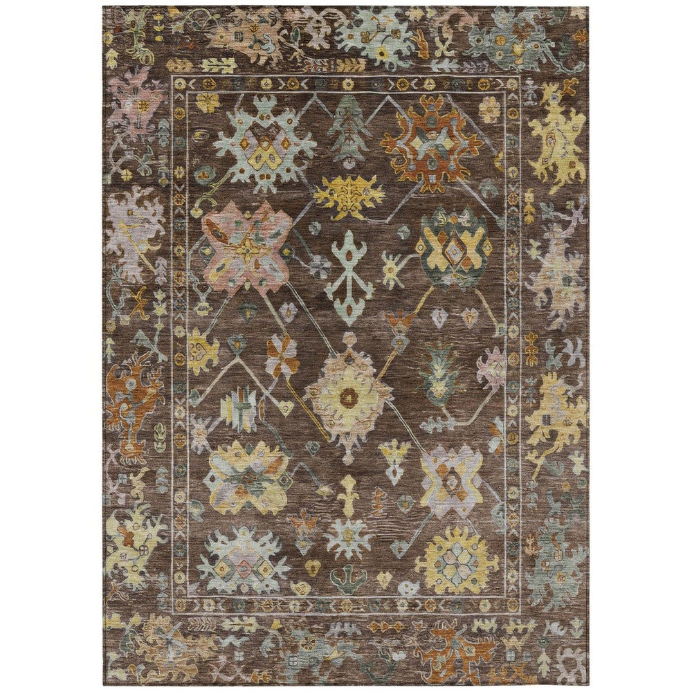HomeRoots 10' Elegant Chocolate Gold Ivory Floral Washable Area Rug for Indoor Outdoor High-Traffic Spaces 639664