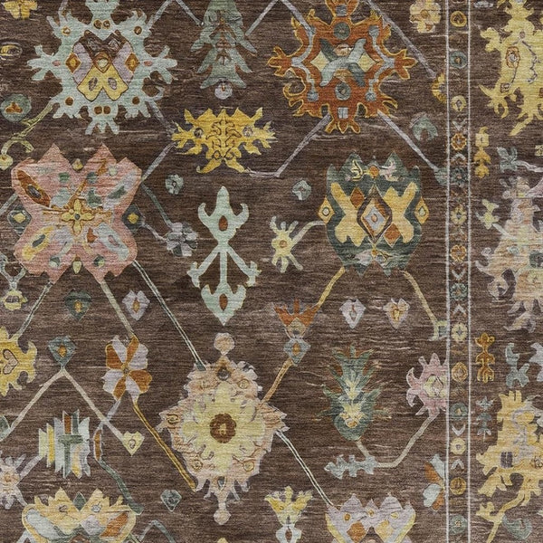 HomeRoots 10' Elegant Chocolate Gold Ivory Floral Washable Area Rug for Indoor Outdoor High-Traffic Spaces 639664