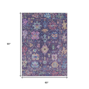 HomeRoots 5' Elegant Eggplant Pink and Gold Floral Washable Area Rug for Indoor/Outdoor Versatile Style 639666