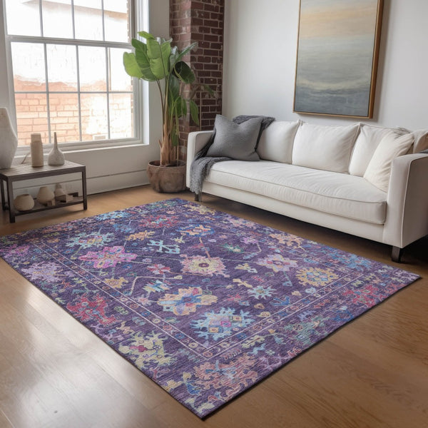 HomeRoots 5' Elegant Eggplant Pink and Gold Floral Washable Area Rug for Indoor/Outdoor Versatile Style 639666