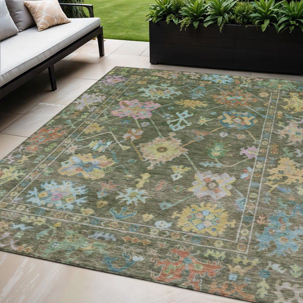 HomeRoots 5' Indoor Outdoor Floral Area Rug in Fern Green, Pink, and Blue - Washable, Durable, Versatile Design 639672
