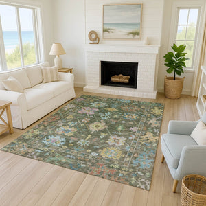HomeRoots 5' Indoor Outdoor Floral Area Rug in Fern Green, Pink, and Blue - Washable, Durable, Versatile Design 639672