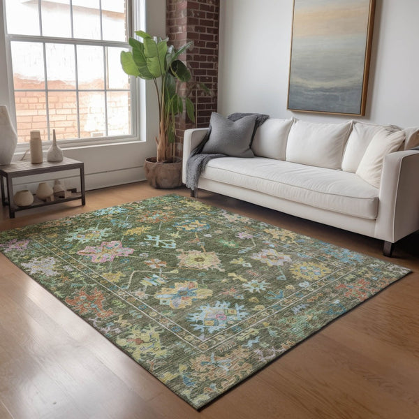 HomeRoots 5' Indoor Outdoor Floral Area Rug in Fern Green, Pink, and Blue - Washable, Durable, Versatile Design 639672