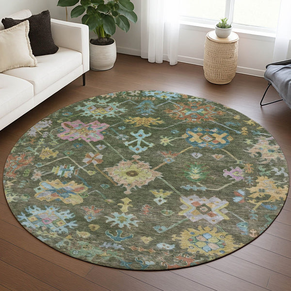HomeRoots 8' Floral Area Rug in Fern Green, Pink & Blue – Washable, Durable, Indoor & Outdoor Decor Delight! 639673