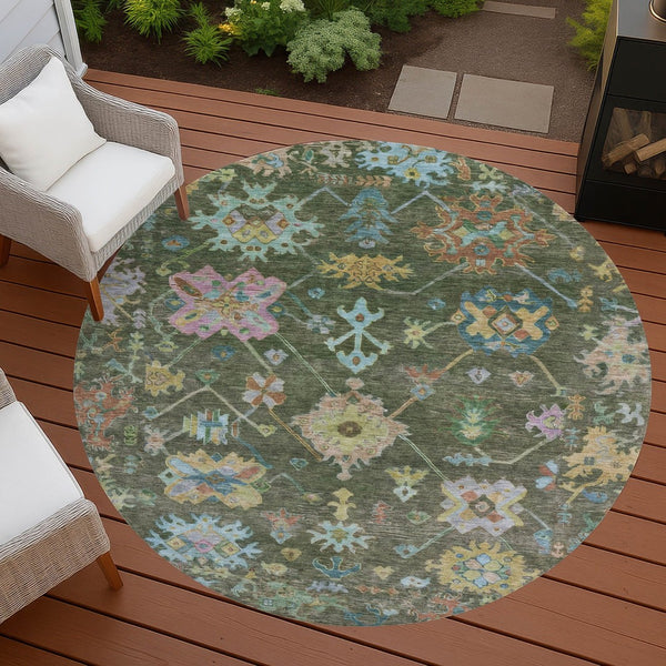 HomeRoots 8' Floral Area Rug in Fern Green, Pink & Blue – Washable, Durable, Indoor & Outdoor Decor Delight! 639673