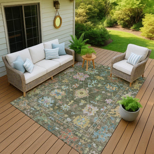 HomeRoots 9' X 12' Floral Washable Area Rug in Fern Green, Pink & Blue - Durable, Stylish for Indoor/Outdoor Use 639675