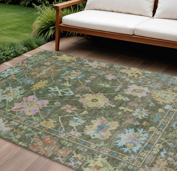 HomeRoots 10' Vibrant Floral Area Rug - Durable Indoor/Outdoor Design in Fern Green, Pink & Blue for Any Space 639676