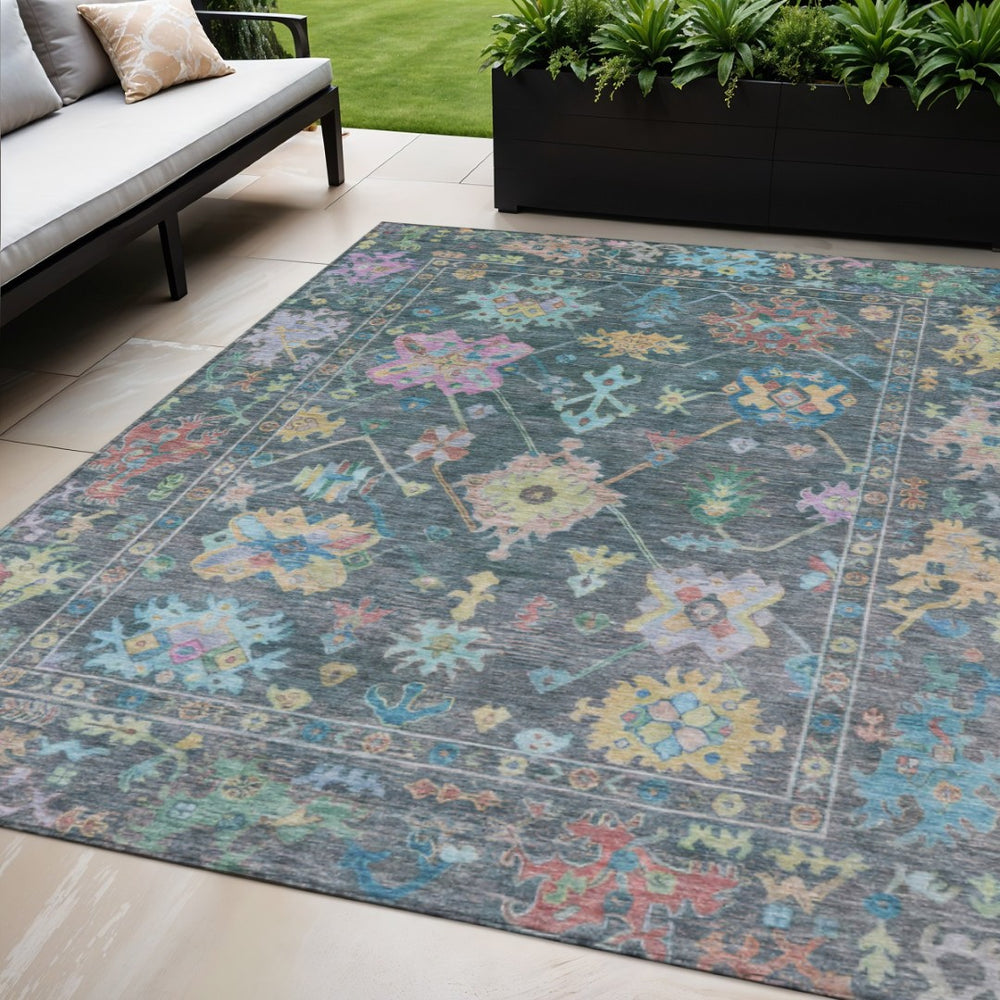 HomeRoots 5' Stylish Teal Blue Pink and Gold Floral Washable Area Rug for Indoor and Outdoor Spaces 639678