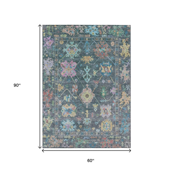 HomeRoots 5' Stylish Teal Blue Pink and Gold Floral Washable Area Rug for Indoor and Outdoor Spaces 639678