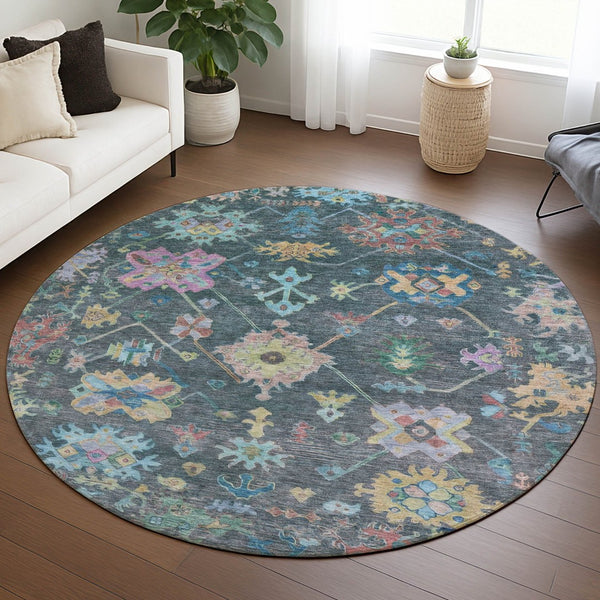 HomeRoots 8' Vibrant Teal Blue, Pink & Gold Floral Round Area Rug - Durable, Washable, Indoor/Outdoor Use! 639679