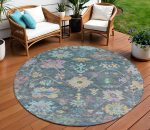HomeRoots 8' Vibrant Teal Blue, Pink & Gold Floral Round Area Rug - Durable, Washable, Indoor/Outdoor Use! 639679
