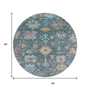 HomeRoots 8' Vibrant Teal Blue, Pink & Gold Floral Round Area Rug - Durable, Washable, Indoor/Outdoor Use! 639679