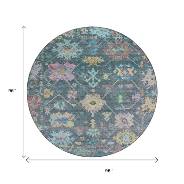 HomeRoots 8' Vibrant Teal Blue, Pink & Gold Floral Round Area Rug - Durable, Washable, Indoor/Outdoor Use! 639679