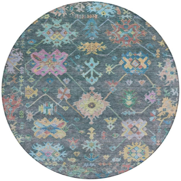 HomeRoots 8' Vibrant Teal Blue, Pink & Gold Floral Round Area Rug - Durable, Washable, Indoor/Outdoor Use! 639679