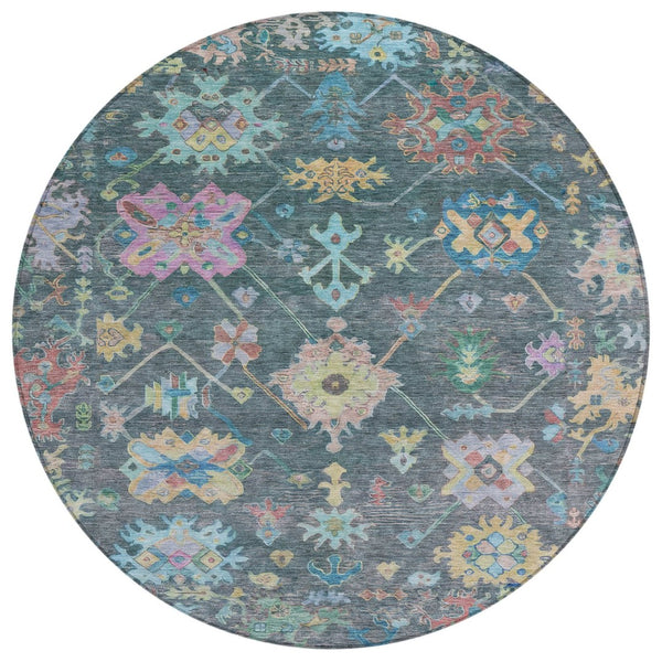 HomeRoots 8' Vibrant Teal Blue, Pink & Gold Floral Round Area Rug - Durable, Washable, Indoor/Outdoor Use! 639679