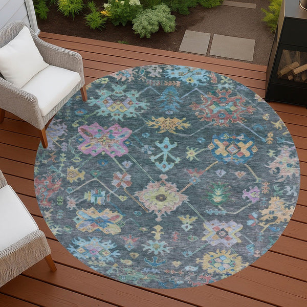 HomeRoots 8' Vibrant Teal Blue, Pink & Gold Floral Round Area Rug - Durable, Washable, Indoor/Outdoor Use! 639679