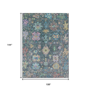 HomeRoots 9' X 12' Vibrant Teal Blue Pink Floral Area Rug - Washable, Stain-Resistant for Indoor & Outdoor Use 639681