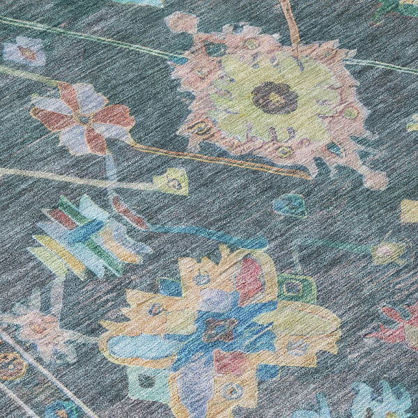 HomeRoots 9' X 12' Vibrant Teal Blue Pink Floral Area Rug - Washable, Stain-Resistant for Indoor & Outdoor Use 639681