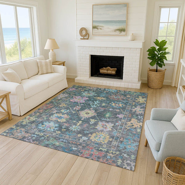 HomeRoots 9' X 12' Vibrant Teal Blue Pink Floral Area Rug - Washable, Stain-Resistant for Indoor & Outdoor Use 639681
