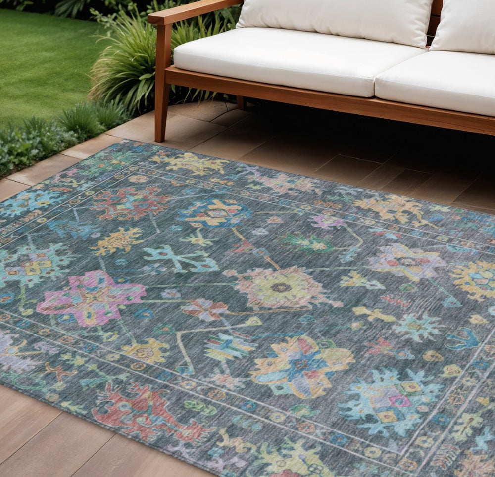 HomeRoots 10' Teal Blue Pink Gold Floral Indoor Outdoor Area Rug - Stylish, Washable, Stain-Resistant Design! 639682